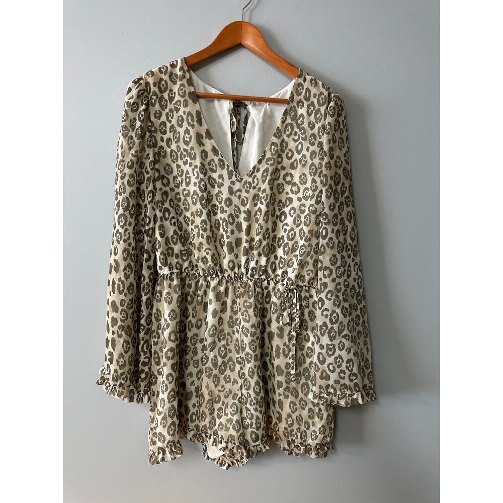 June & Hudson Leopard Print Long Sleeve Romper | XL | Boho Ruffle Hem